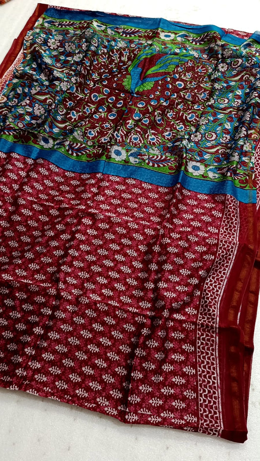 Hand Block Print Chanderi Silk Saree with Dark Maroon -Blue & Peacock Motif