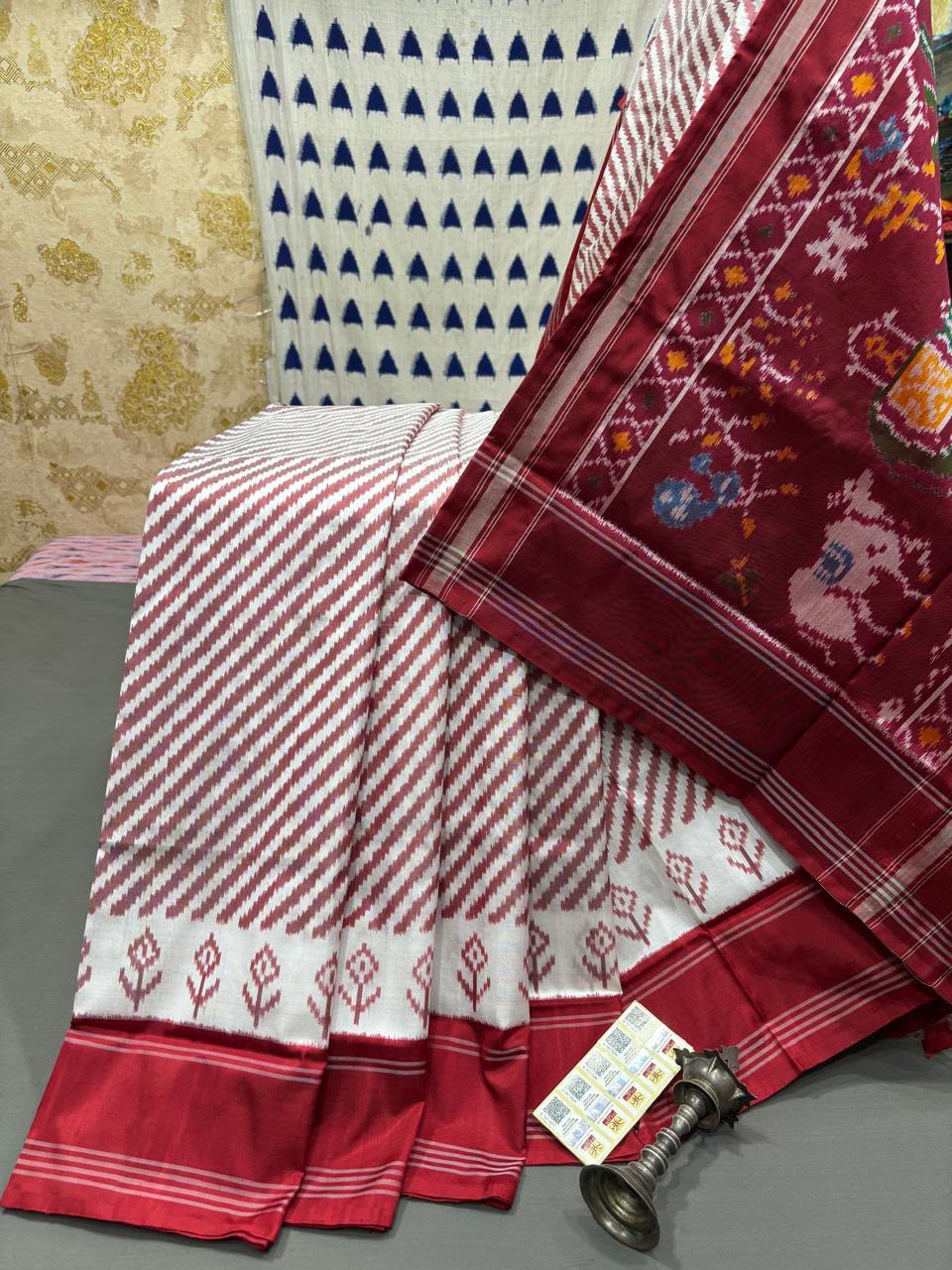 Handloom Ikkat Silk Saree - White & Maroon with Elephant & Parrot Patola Motifs