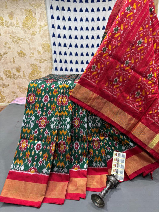 Handloom Ikkat Silk Saree -Forest Green & Crimson Red Floral Patola Motifs