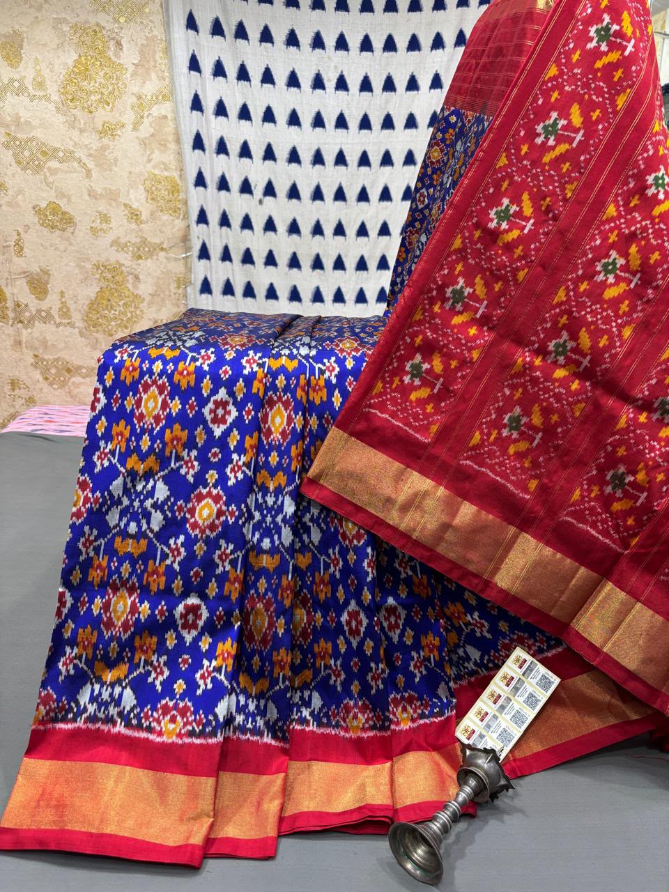 Handloom Ikkat Silk Saree - Royal Blue & Crimson Red Floral Patola Motifs