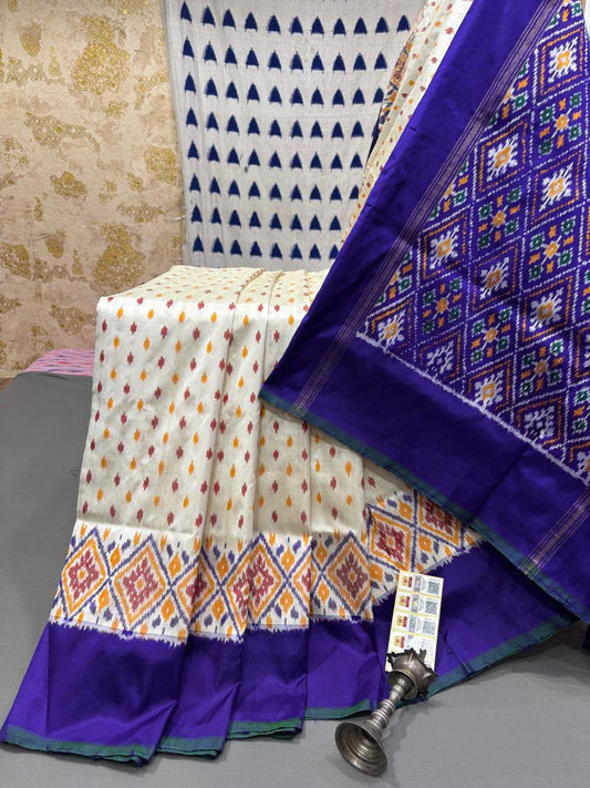 Handloom Ikkat Silk Saree - Off-White Cream & Ink Blue Geometric Patola Motifs