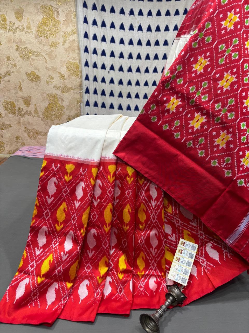 Handloom Ikkat Silk Saree - Off-White Cream & Crimson Red Mango Paisley Patola Motifs
