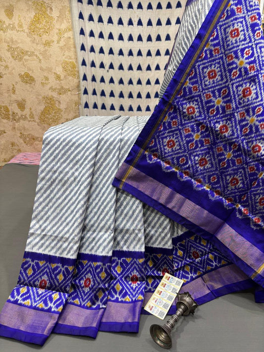 Handloom Ikkat Silk Saree - Grey & Dark Blue with Geometric Patola Motifs