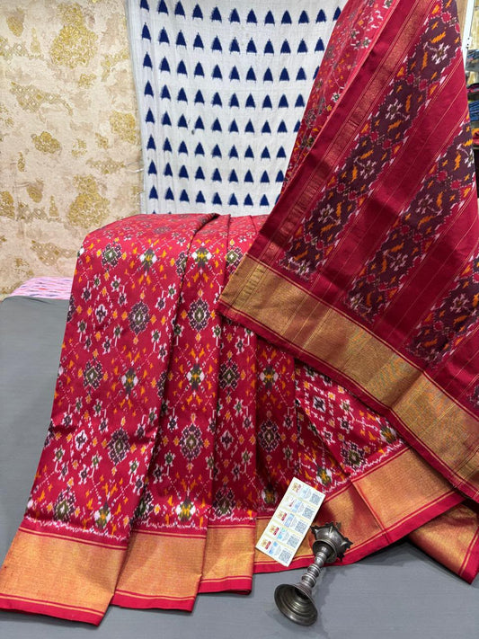Handloom Ikkat Silk Saree - Bright Red Floral Patola Motifs