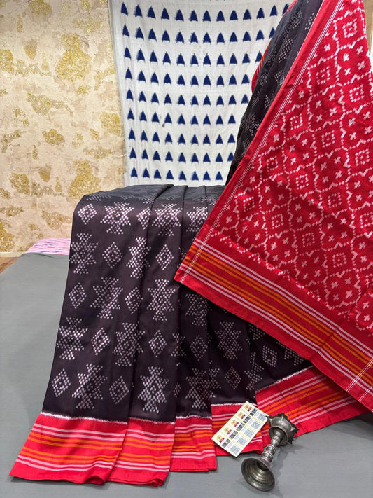 Handloom Ikkat Silk Saree - Black & Red Geometric Patola Motifs