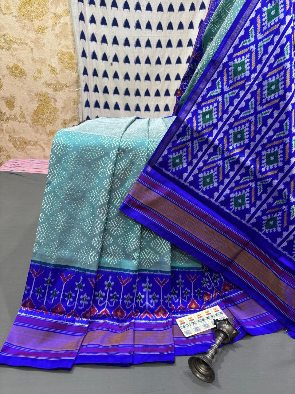 Handloom Ikkat Silk Saree - Sea Green & Royal Blue Geometric Patola Motif
