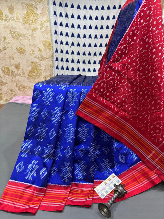 Handloom Ikkat Silk Saree - Royal Blue & Crimson Red Geometric Patola Motif