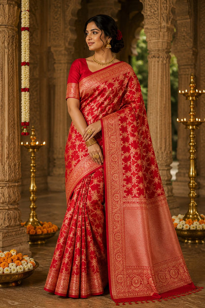 Handloom Banarasi Pure Katan Silk Jangla Saree Crimson Red & Fine Zari Border