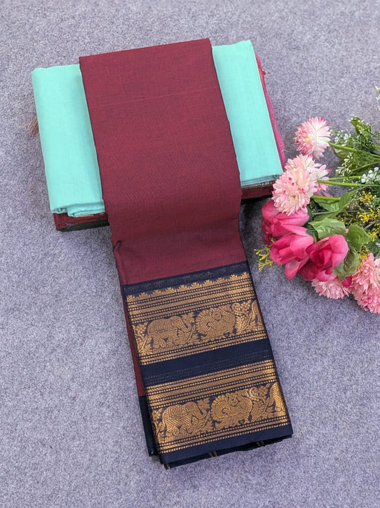 Pure Chettinad Cotton 80s Count Saree Olive Green with Black Elephant & Peacock Kanchi Border
