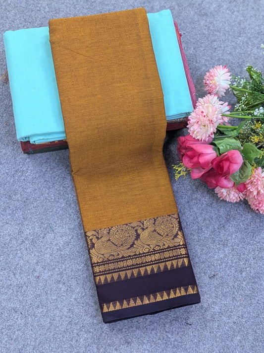 Pure Chettinad Cotton 80s Count Saree with Mustard Gold with Deep Purple Kanchi Border