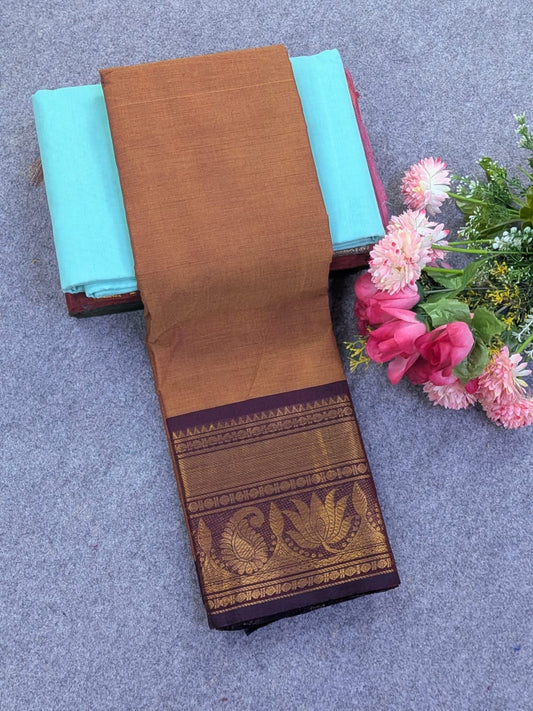 Pure Chettinad Cotton 80s Count Saree with Copper Brown with Purple Kanchi Border
