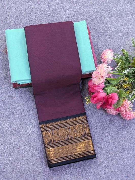 Pure Chettinad Cotton 80s Count Saree - Purple-Black with Peacock Kanchi Border