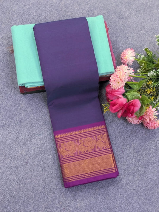 Pure Chettinad Cotton 80s Count Saree Navy Blue with Magenta Purple-Peacock Kanchi Border