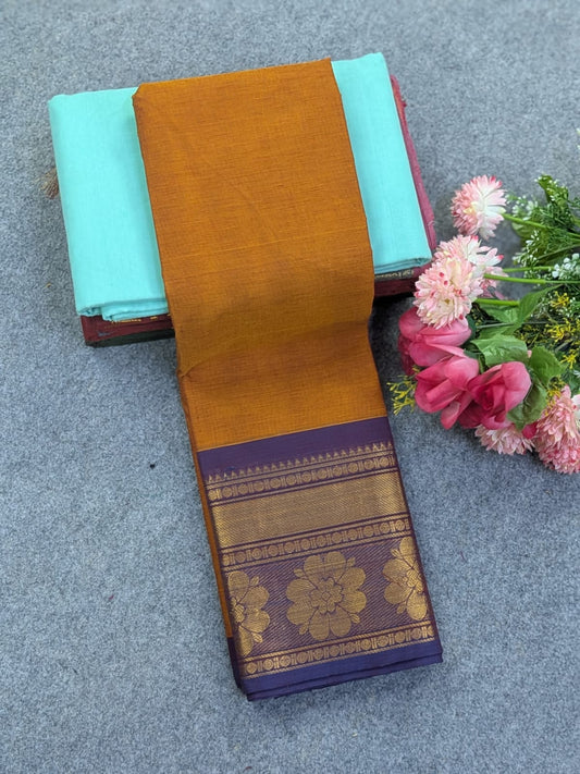 Pure Chettinad Cotton 80s Count Saree Mustard Gold with Purple Floral Kanchi Border