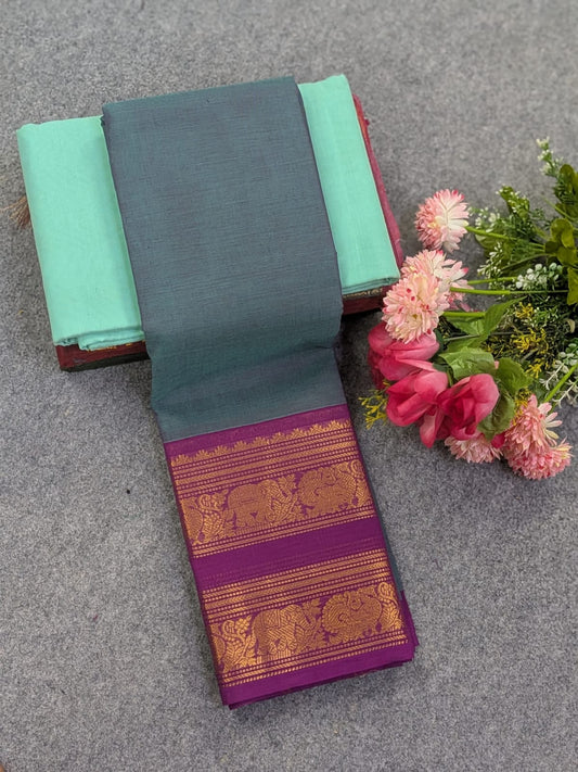 Pure Chettinad Cotton 80s Count Saree with Grey with Purple & Peacock Kanchi Border