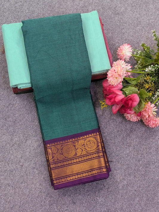 Pure Chettinad Cotton 80s Count Saree with Forest Green with Purple Kanchi Border