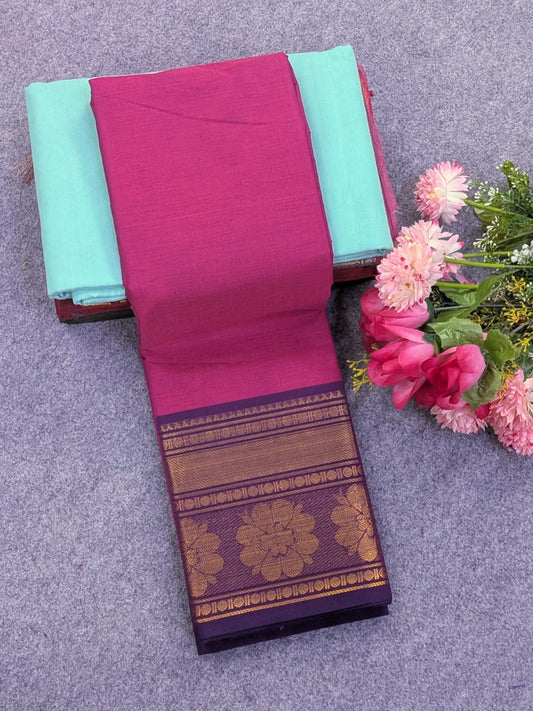 Pure Chettinad Cotton 80s Count Saree with Bright Pink with Purple Kanchi Border