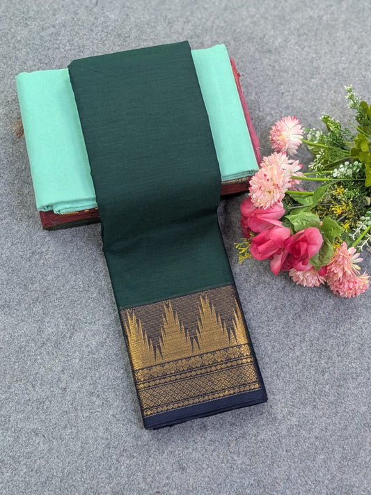 Pure Chettinad Cotton 80s Count Saree-Forest Green with Black Kanchi Border