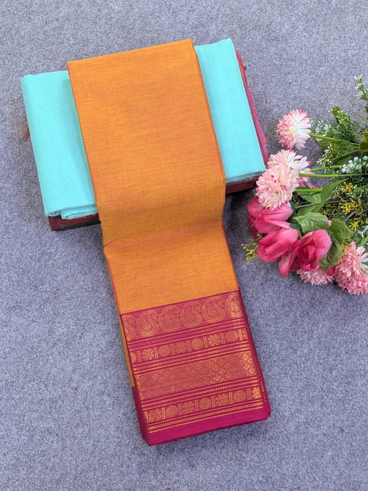 Pure Chettinad Cotton 80s Count Saree - Orange with Crimson Red Kanchi Border