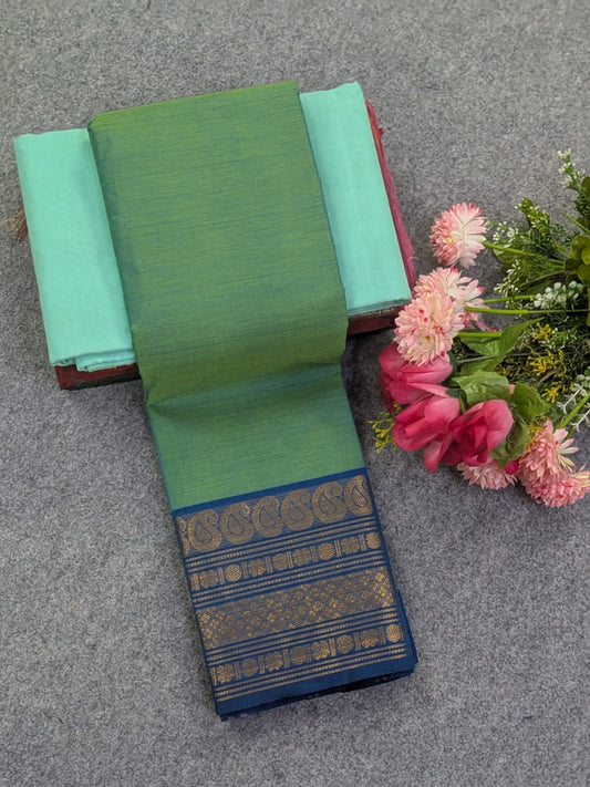 Pure Chettinad Cotton 80s Count Saree Sage Green with Navy Blue Kanchi Mango Border