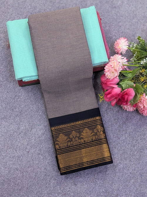 Pure Chettinad Cotton 80s Count Saree with Grey with Black Kanchi Floral Border
