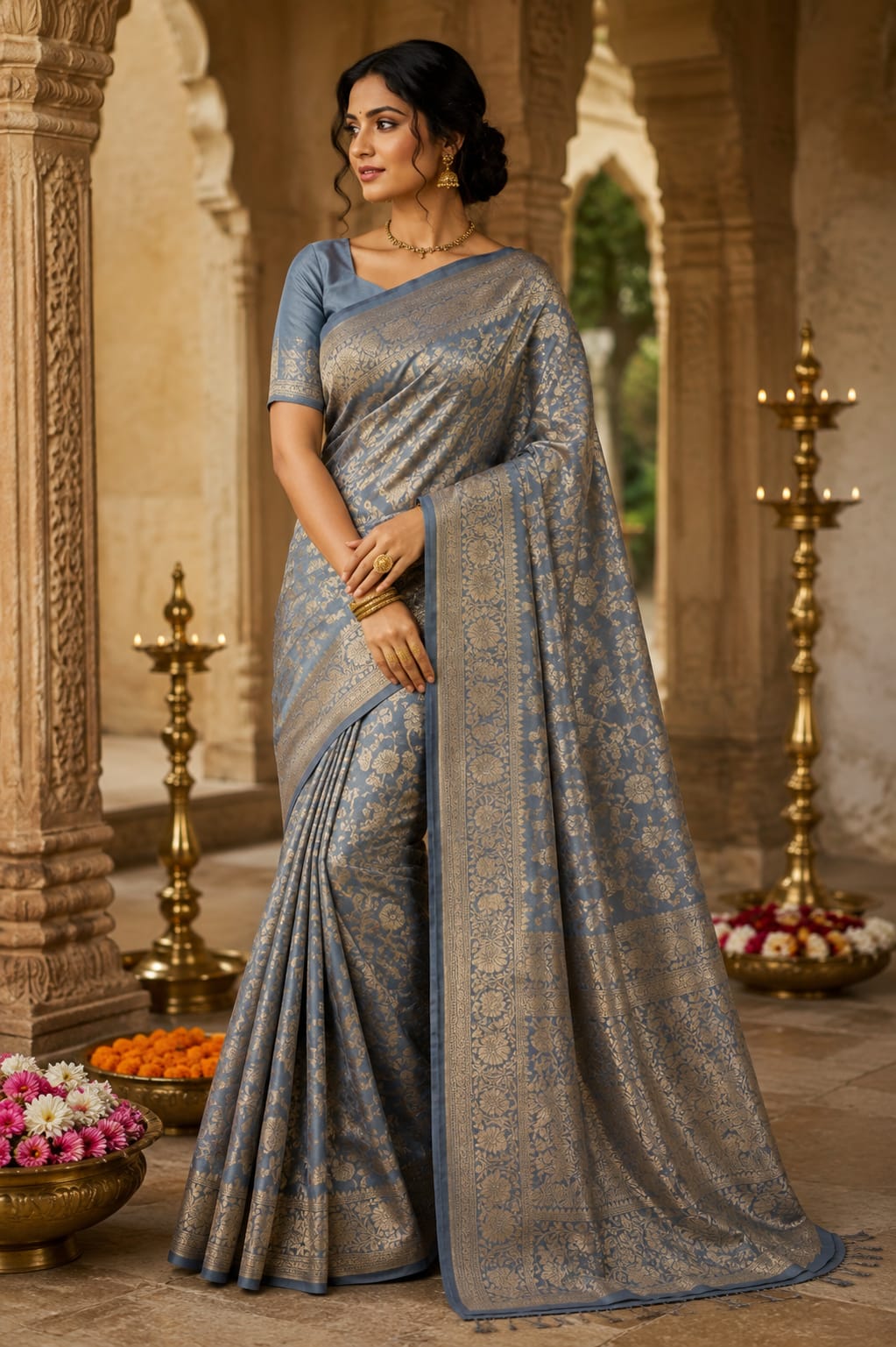Grey Banarasi Pure Katan Jangla Silk Saree with Rose Gold Zari Floral Jaal
