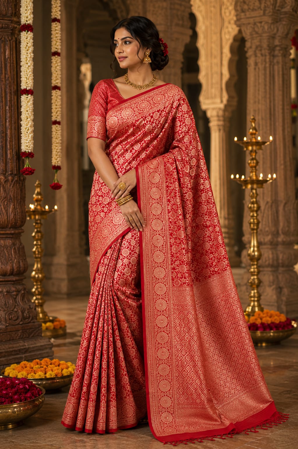 Crimson Red Banarasi Pure Katan Jangla Silk Saree