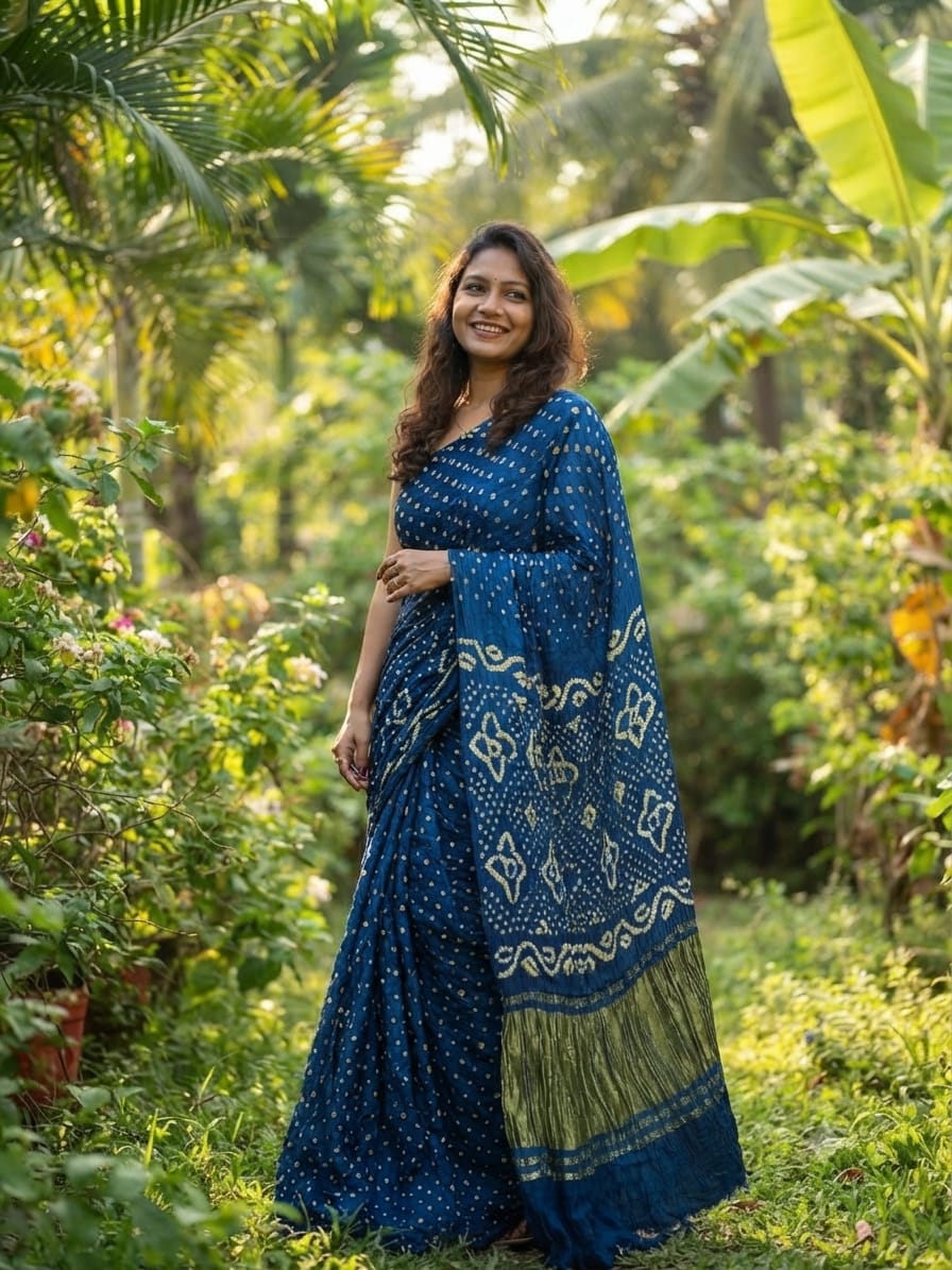 Modal Silk Bandhani Saree -Teal Peacock Blue In Bandhej with Lagdi Patta Zari Pallu