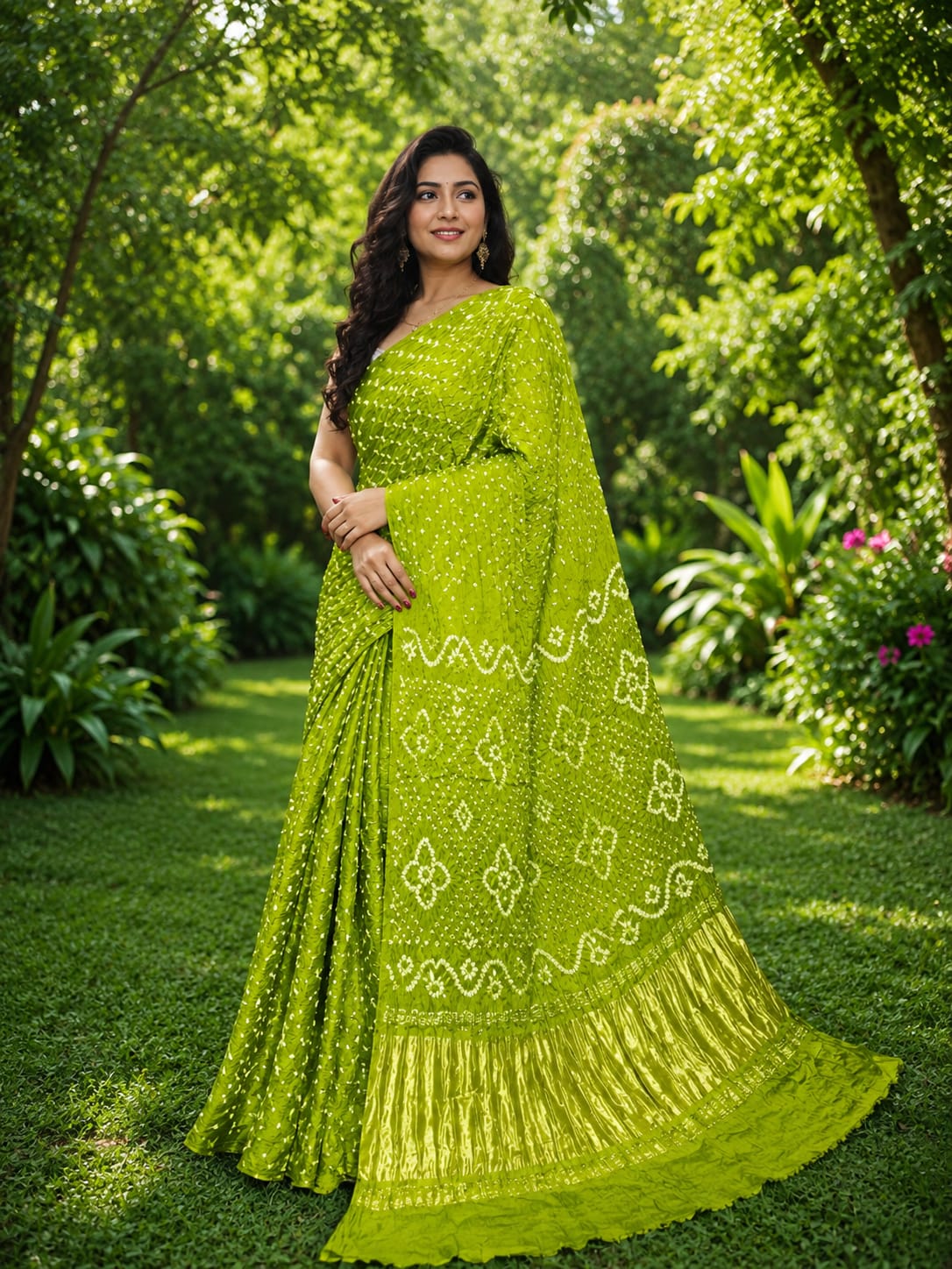Modal Silk Bandhani Saree -Porrot Green In Bandhej with  Lagdi Patta Zari Pallu
