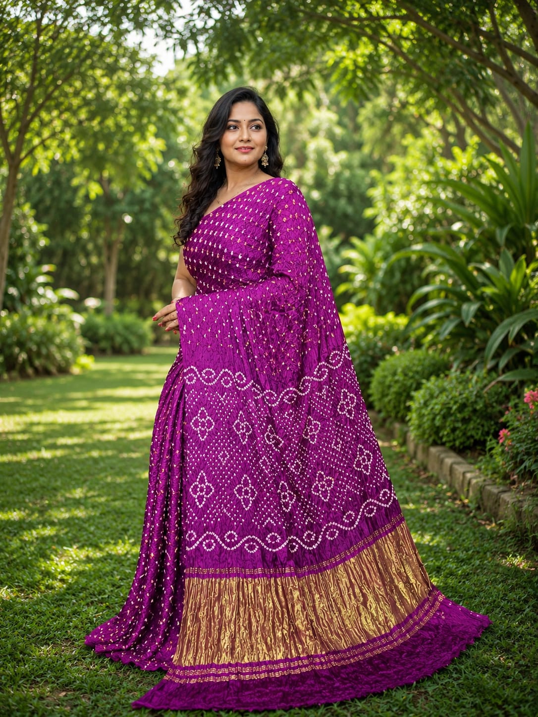 Modal Silk Bandhani Saree -Magenta Purple In Bandhej with  Lagdi Patta Zari Pallu