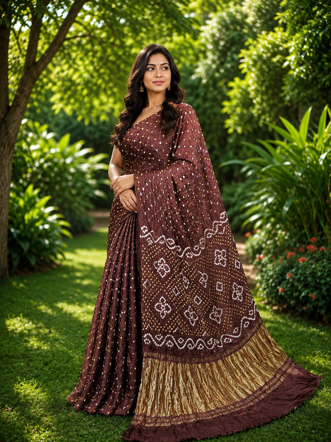 Modal Silk Bandhani Saree - Coffee Brown In Bandhej with Lagdi Patta Zari Pallu
