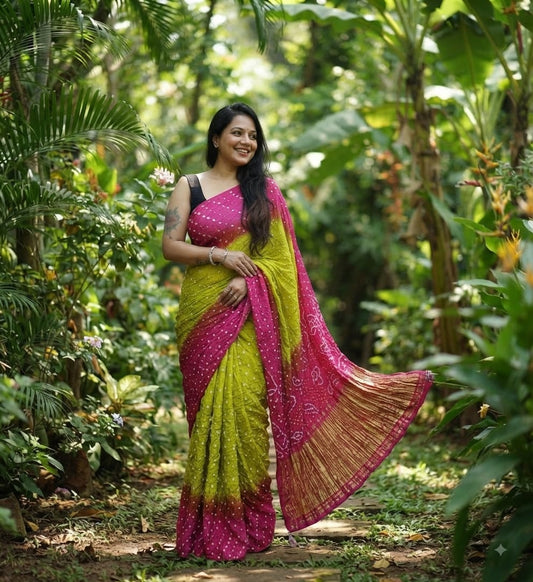 Modal silk bandhni Parrot Green with Pink saree with lagdi patta Special pallu