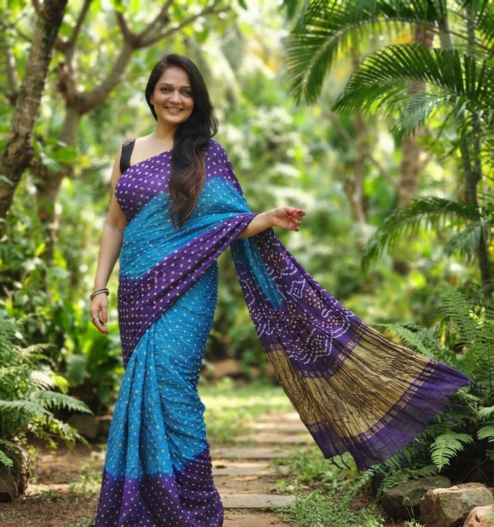 Modal Silk Bandhani Turquoise Blue & Deep Purple Saree with Lagdi Patta Special Pallu