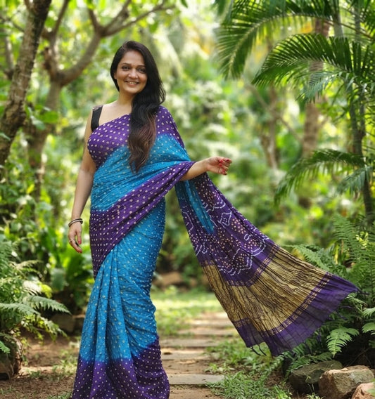 Modal Silk Bandhani Turquoise Blue & Deep Purple Saree with Lagdi Patta Special Pallu