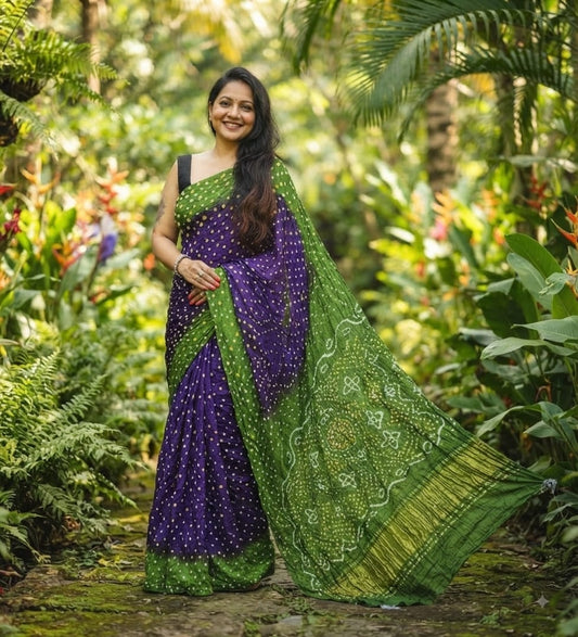 Modal Silk Bandhani Deep Purple & Forest Green Saree - with Lagdi Patta Special Pallu