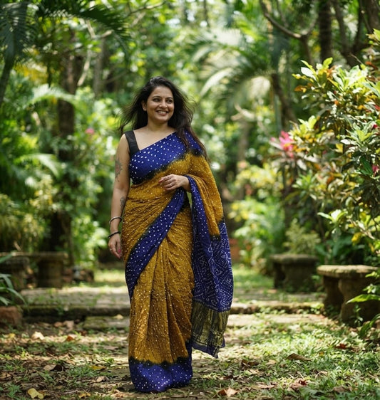 Modal Silk Bandhani Mustard Gold & Blue with Lagdi Patta Special Pallu