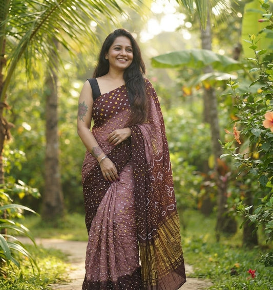 Modal Silk Bandhani Coffee - Chocolate Brown Saree with Lagdi Patta Special Pallu