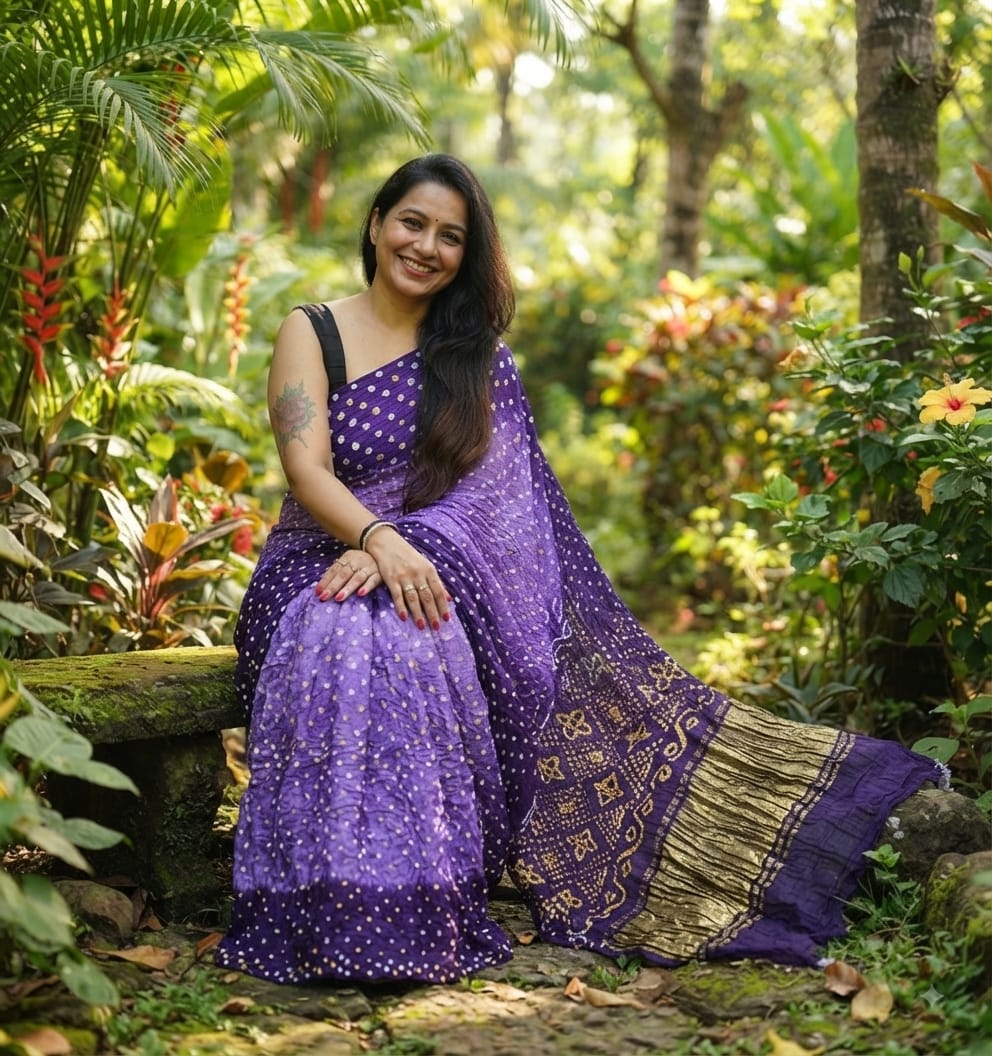 Modal Silk Bandhani Lavender - Deep Purple Saree & Lagdi Patta Special Pallu