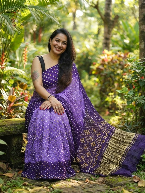 Modal Silk Bandhani Lavender - Deep Purple Saree & Lagdi Patta Special Pallu