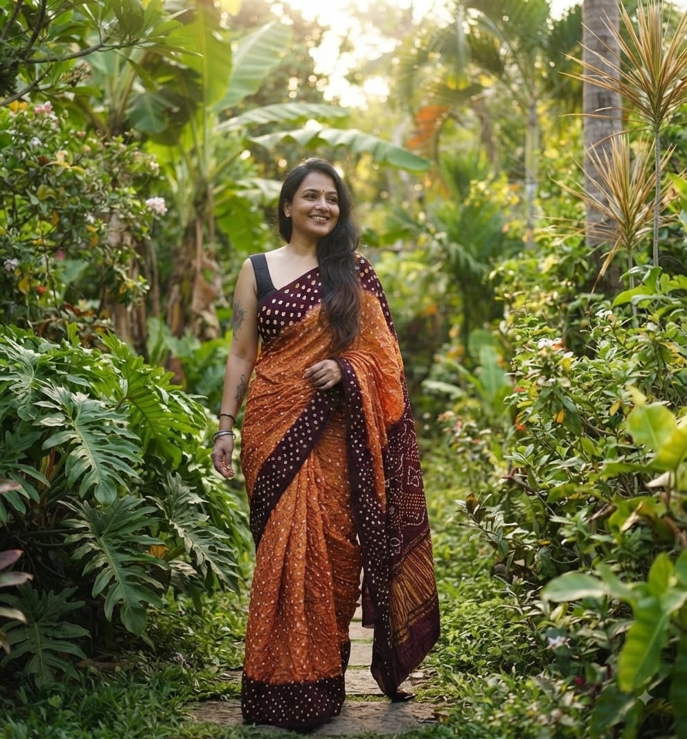 Modal Silk Bandhani Orange & Maroon Saree with Lagdi Patta Special Pallu