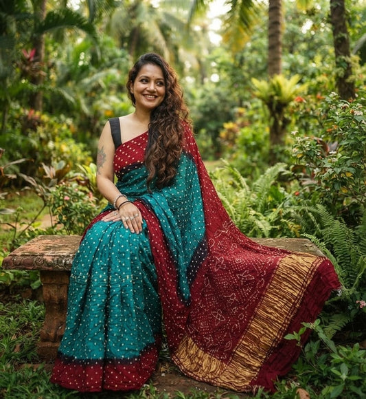 Modal Silk Bandhani Peacock Blue & Dark Maroon Saree with Lagdi Patta Special Pallu