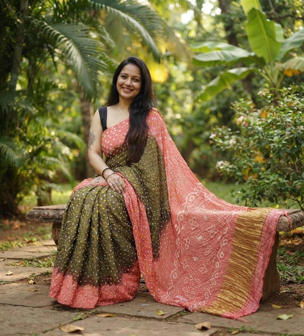 Modal Silk Bandhani Olive Green & Peach Pink Saree with Lagdi Patta Special Pallu