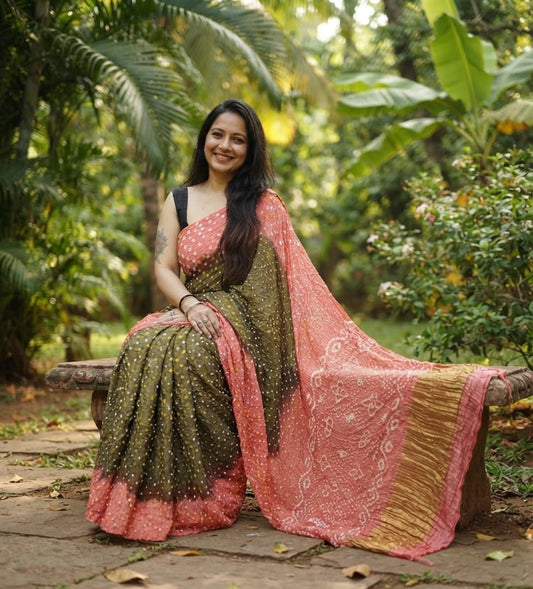 Modal Silk Bandhani Olive Green & Peach Pink Saree with Lagdi Patta Special Pallu