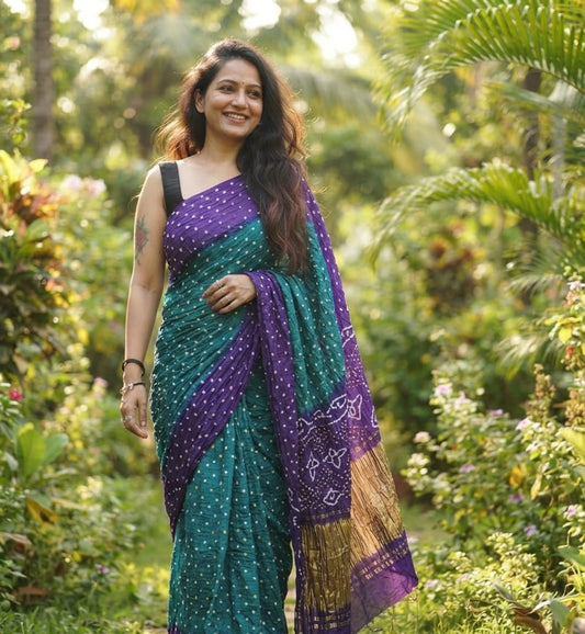 Modal Silk Bandhani Peacock Green & Purple Saree with Lagdi Patta Special Pallu