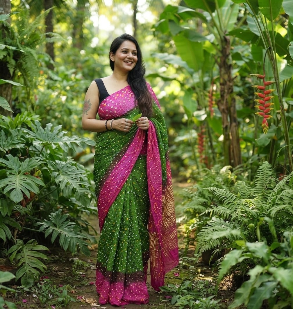 Modal Silk Bandhani Kelly Green & Rani Pink Saree with Lagdi Patta Special Pallu