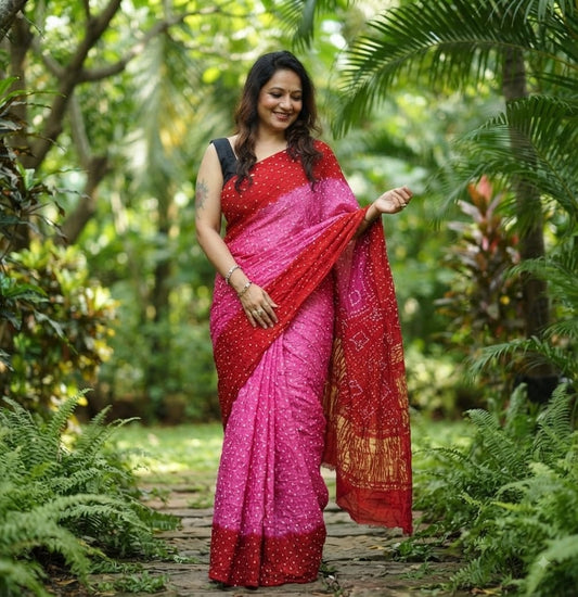 Modal Silk Bandhani Bright Pink & Crimson Red with Lagdi Patta Special Pallu