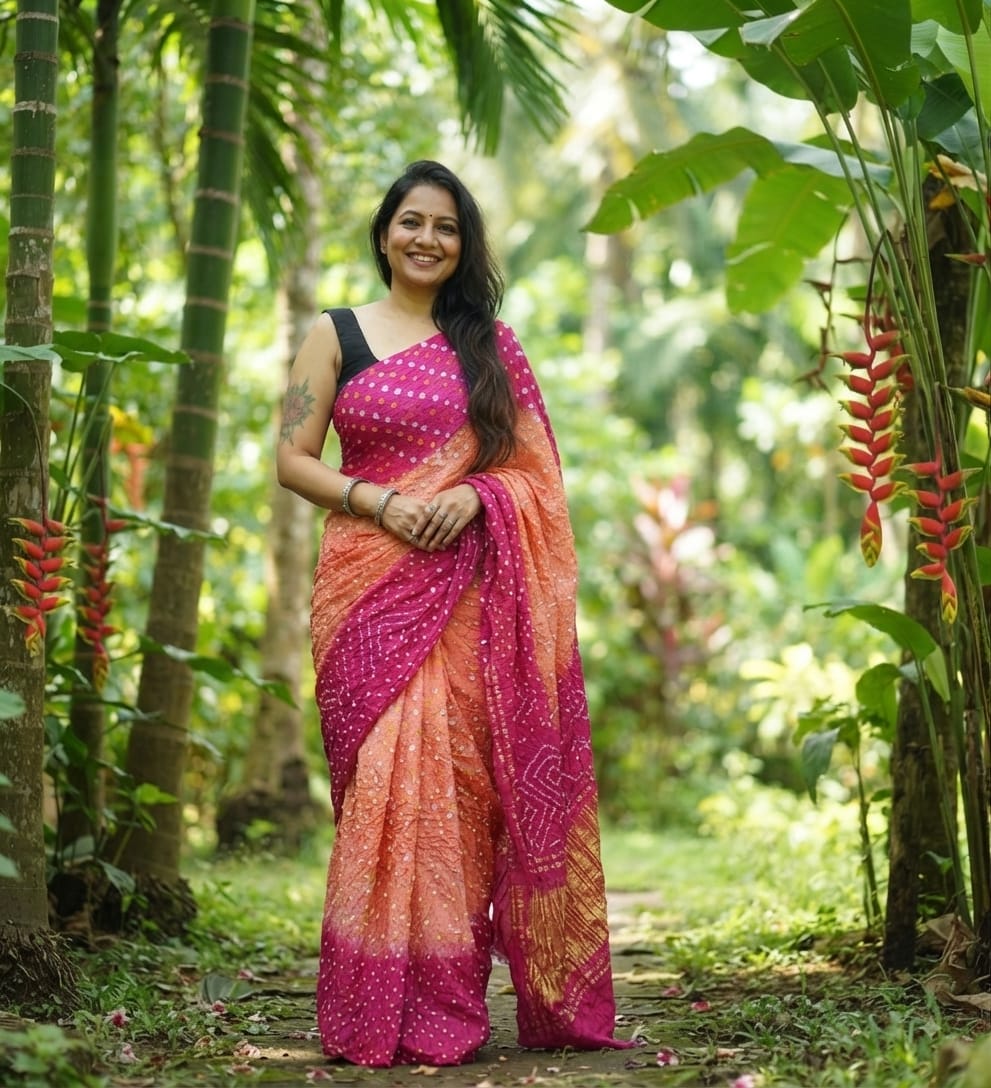 Modal Silk Bandhani Peach Orange & Bright Pink Saree with Lagdi Patta Special Pallu