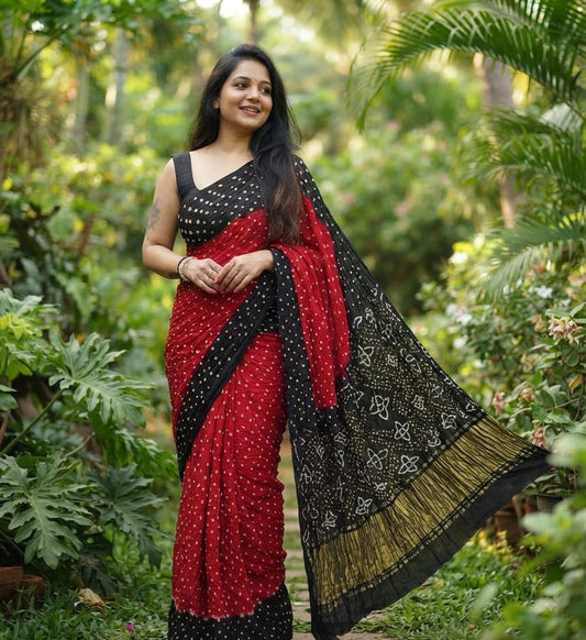 Modal Silk Bandhani Dark Red & Black Saree with Lagdi Patta Special Pallu