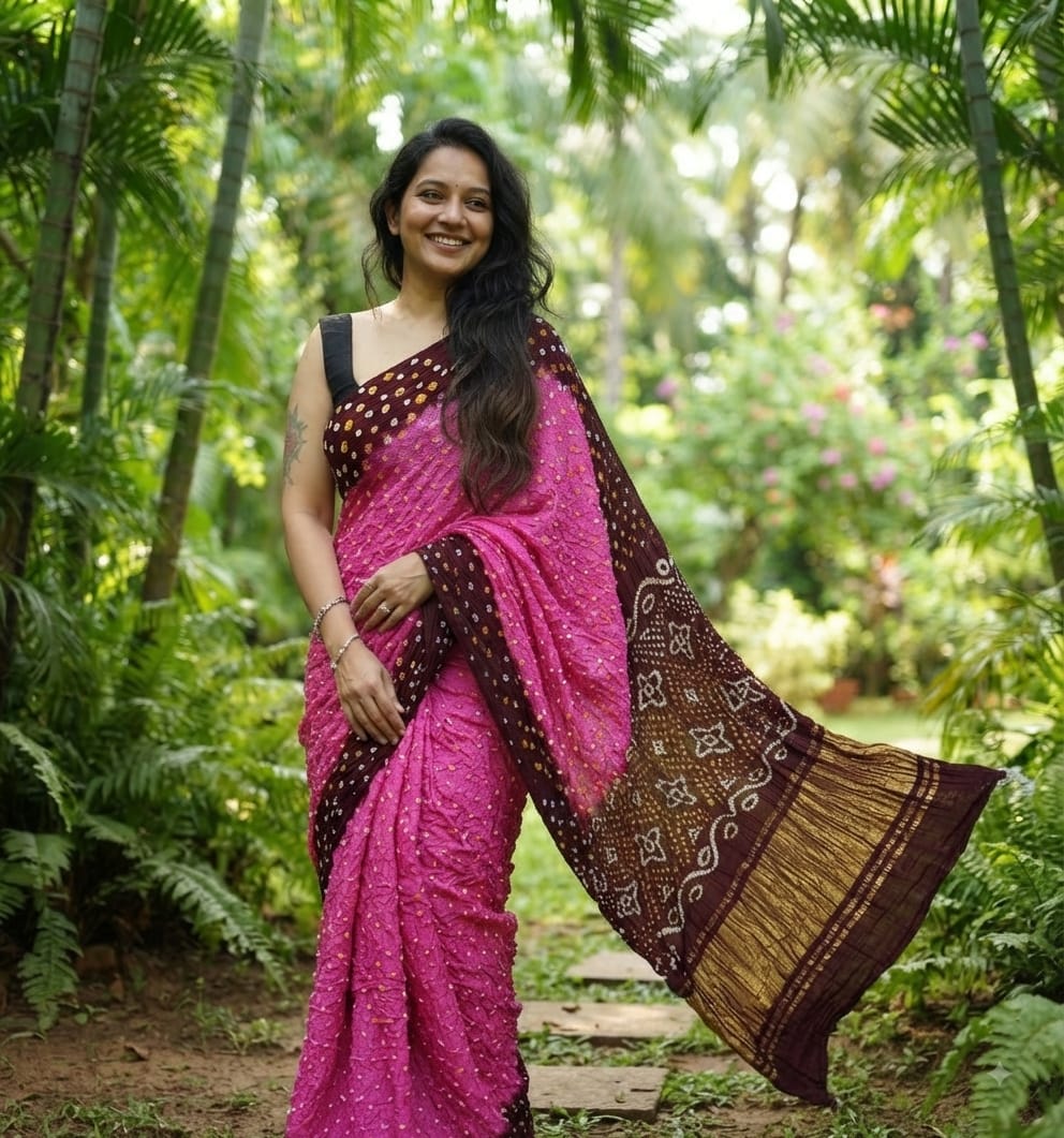 Modal Silk Bandhani Bright Pink & Chocolate Maroon Saree with Lagdi Patta SpecialPallu