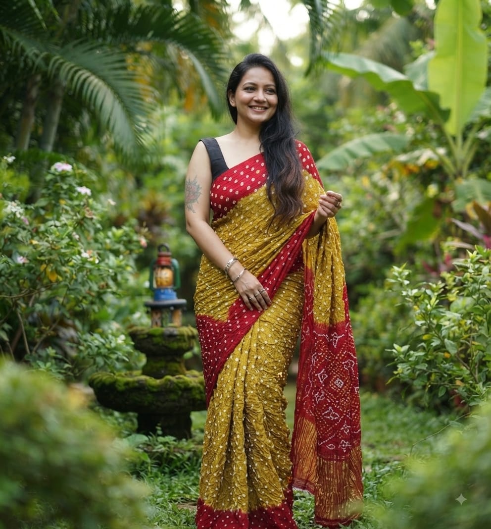Modal Silk Bandhani Mustard Gold & Crimson Red Saree with Lagdi Patta Special Pallu